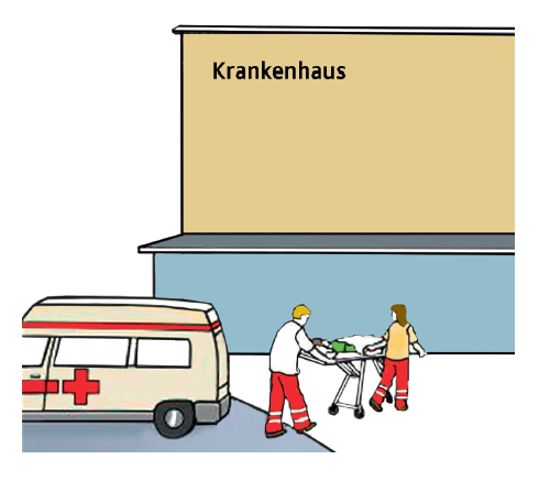 Die Grafik zeigt einen Rettungswagen vor einem Krankenhaus. Ein Kranker wird auf einer Liege hinein gefahren.